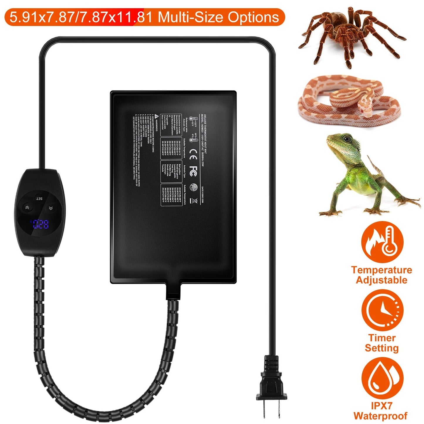 Electric Reptile Heating Pad With 32-122°F Temperature Adjustment IPX7 Waterproof Timer Setting Under Tank Heating Mat for Lizards Turtles Snake Spide