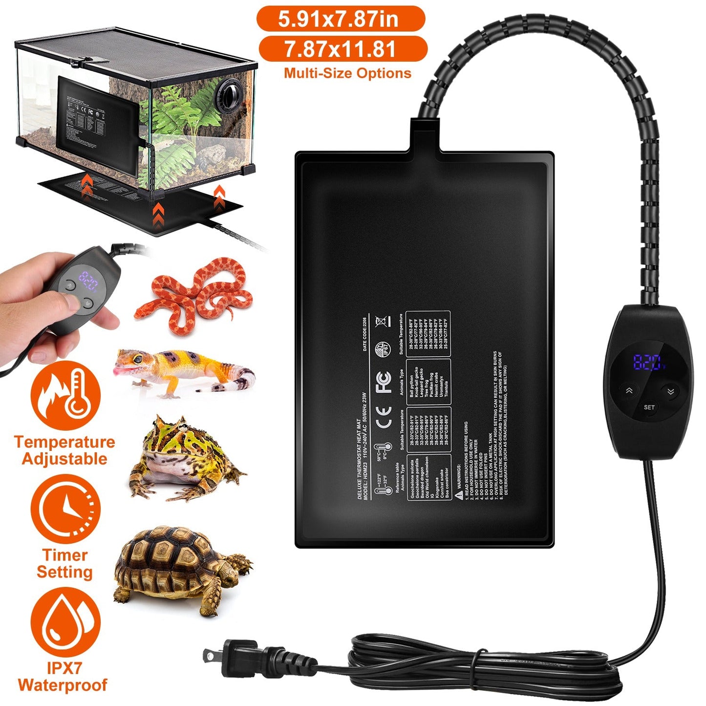 Electric Reptile Heating Pad With 32-122°F Temperature Adjustment IPX7 Waterproof Timer Setting Under Tank Heating Mat for Lizards Turtles Snake Spide