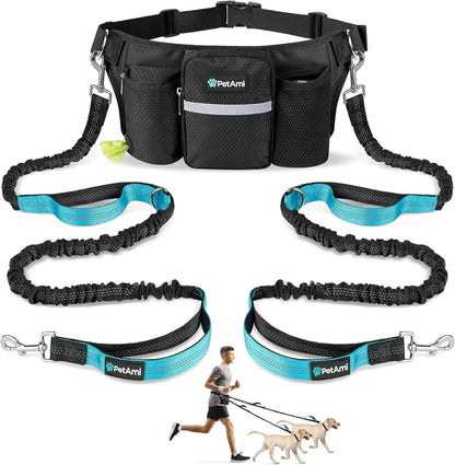 Hands Free Dog Leash Dual Bungee Waist Belt Adjustable Running Walking 2 Dogs