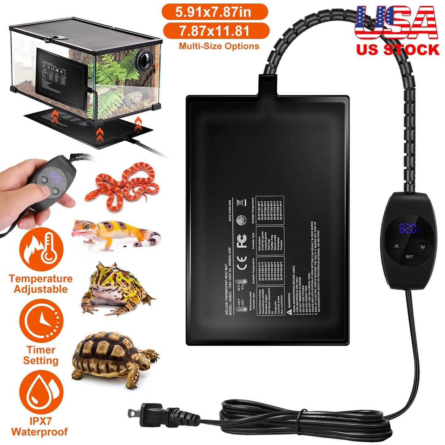 Electric Reptile Heating Pad With 32-122°F Temperature Adjustment IPX7 Waterproof Timer Setting Under Tank Heating Mat for Lizards Turtles Snake Spide